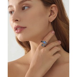 Sterling Silver Opal Turquoise Spoon Ring - S925 Victorian Vintage Flower Antique Open Adjustable Thumb Ring for Women (Blue Opal)