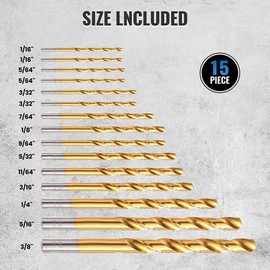 S SATC Drill Bit Set 15 Pieces Titanium Metal Drill Bits 135 Degree Split Point, 1/16"-3/8" Impact Drill Bit Set for Plastic, Wood, Aluminum Alloy, Stainless Steel