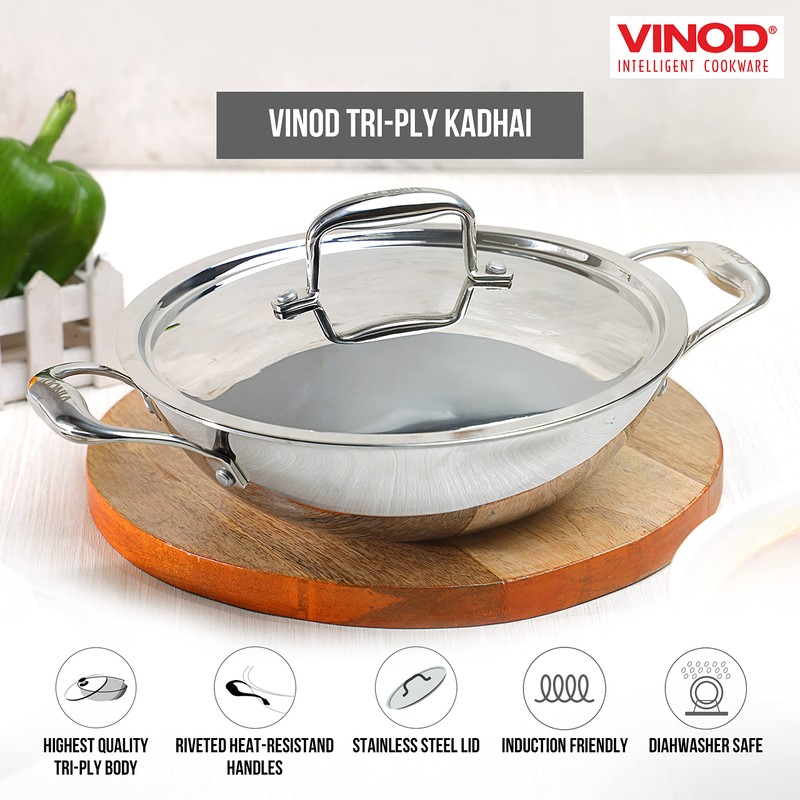 Vinod Platinum Triply Stainless Steel Kadai | Suitable For Indian