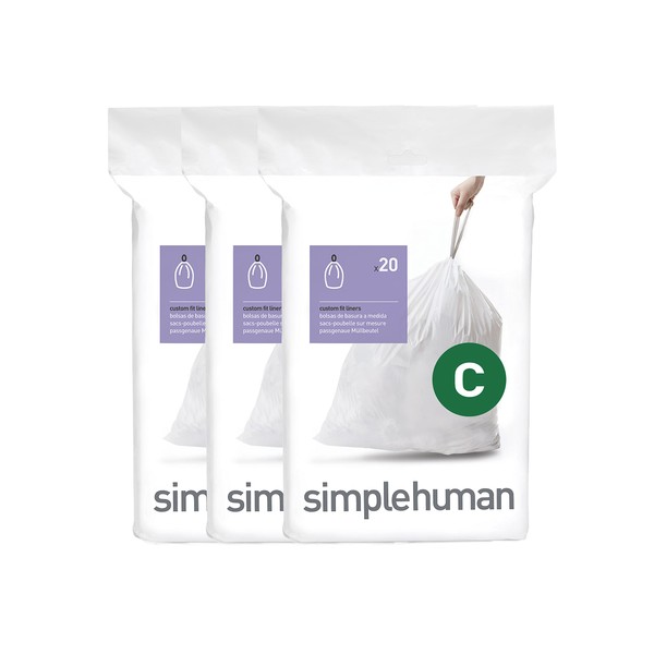 simplehuman Code C Custom Fit Drawstring Trash Bags in Dispenser Packs, 60 Count, 10-12 Liter / 2.6-3.2 Gallon, White