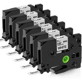 MarkDomain 6-Pack Compatible Brother P Touch 9mm Label Tape TZe-221 TZe221 Laminated 0.35" 26.2ft (9mm x 8m) Black on White Work with Ptouch PT PT-D210 PT-D220 PT-D200 PT-H110 PT-D400 PT-D610BT