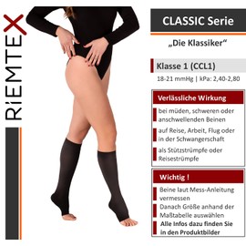 RIEMTEX Compression Stockings Class 1 CCL1 Support Stockings for Men and Women with Open Toe Black or Beige Classic Series 7110, black