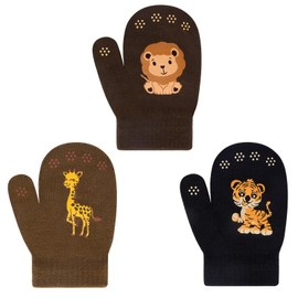 3 Pairs Kids Knitted Mittens Toddler Winter Gloves Boys Stretch Mittens Magic Full Finger Warm Mittens (3 Pairs-Jungle)