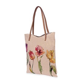 COTT N CURLS Tulips Book Tote - 16" x 15" Canvas Bag With Zipper, Handcrafted With Compartments, Durable Work and Beach Tote, Digitally Printed Designs and Leather Handles