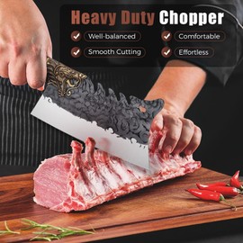 ROCOCO Cleaver Knife Meat Cutting Heavy Duty Bone Butcher Chopper Large Hand Forged Chinese Dragon Viking Cutter for Kitchen Outdoor with Sheath Birthday Father Mother Christmas Gift Men 8.6"