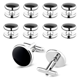Cufflinks for Men, 10 PCS Men's Cufflinks Black and Silver Cuff Links Mens Round Tuxedo Studs Set for Wedding Banquet Ceremony Business