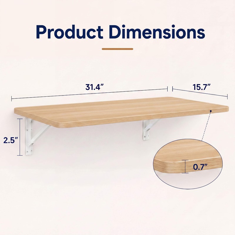 Wall Mounted Folding Table 31.5”Lx15.7”W, Space-Saving Fold Down Desk for