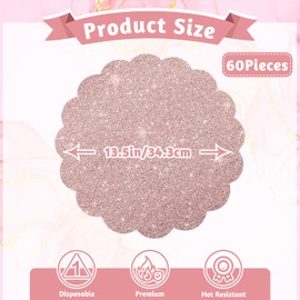 60 Pcs Rose Gold Glitter Paper Placemats, 13.5 Inch Disposable Scalloped Placemat Round Sparkle Table Place Mats Decorative Paper for Baby Shower Tea Garden Party Wedding Birthdays Banquet