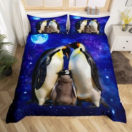 Manfei Cute Penguin Kids Duvet Cover Set Single Size, Animal Theme Comforter Cover, Blue Starry Sky Penguin Family Bedding Set for Boys Girls Room Decor, Lightweight Bedspread Cover, 1 Pillowcase