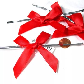 Bedazzlinbeads 2 Small 3 inch Bright Red Soft Satin Christmas Bows with Silver Twist Wire Tie
