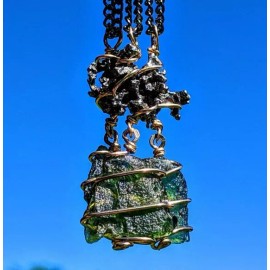 MOLDAVITE & METEORITE Pendant Real GOLD! Campo Del Cielo Space Tektite Jewelry