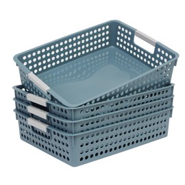 A4 Paper Trays for Classroom with Grip Handles,Book Baskets for Library, Drawers, Office, Home,Desk,Turn in Trays Classroom Plastic Storage Baskets, (4, Dark Blue)