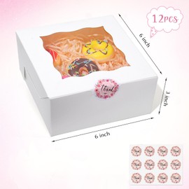 ZKKZOMA 12 Pack 6x6x3 Inch Bakery Boxes with 12 Stickers - Cookie Packaging Boxes for Birthday, Wedding, Bakery Supplies