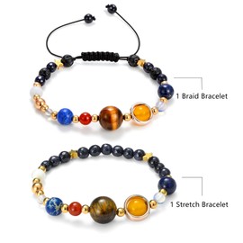 CULOVITY 2Pcs Solar System Bracelet Gemstone Astronomy Galaxy the Nine Planets Guardian Stretch Braid Bracelets Jewelry for Womens Mens