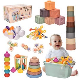 Montessori Toys for 1 Year Old,Baby Toys 6-12 Months,Stacking Building Blocks & Soft Infant Teething Toys & Matching Eggs for Toddlers 0-3-6-9-12 Months,Baby Boys&Girls Gifts(7 in 1)