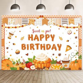 MEHOFOND 7x5ft Fall Cutie Pie Birthday Backdrop Autumn Pumpkin Spice Latte Happy Birthday Banner Sweet as Pie Bday Party Decorations Thanksgiving Pumpkin Pie Bday Party Photo Booth Props