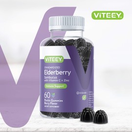 Viteey Sambucus Elderberry Gummies for Adults – Elderberry Vitamin C and Zinc Immunity Gummies - Vegan, Gluten-Free – 60 Count