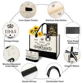 80th Birthday Gifts for Women Canvas Tote Bag Travel Gear, 80 Years Old Birthday Gifts for Mom Wife Friends, Vintage 1945 Handbag & Cosmetic Bag & Birthday Poster