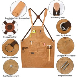 Work Apron for Men, Heavy Duty Waxed Canvas Tool Apron for Carpenter, Woodworker with Cross-Back Straps, Adjustable M to XXL (Brown)
