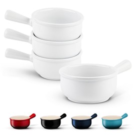 Kook French Onion Soup Crocks, Ceramic Bowls, Microwave, Dishwasher Safe & Oven safe, with Easy to Grip Handle, Stoneware, For Chili & Stew 15 oz, Set of 4, (White)
