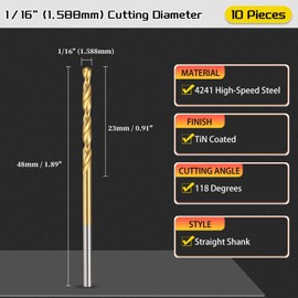 CoCud Drill Bit, 1/16" Cutting Diameter (1.588mm), 4241 HSS Jobber Bits TiN Coated 118° Cutting Angle Versatile - (Applications: for Drilling Plastic Wood Soft Thin Metal), 10-Pieces
