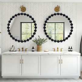 ALIBudda Round Black Mirror 24'', Spherical Frame Round Beaded Mirror for Wall Decor Large Circle Mirror for Bathroom, Dining Roon, Bed Room, Entryway