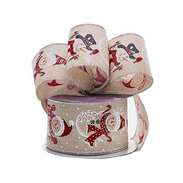 Christmas Snowman Wired Edge Ribbon - 2 1/2" x 10 Yards, Red White Snowmen, Faux Natural Burlap, Gifts, Bows, Wreath, Presents, Boxing Day, Winter Decor, Gift Basket