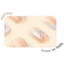 IMRAIN Valentine's Day Press on Nails Short Square Fake Nails with Silver Glitter Designs White French Tips False Nails Full Cover Artificial Glue on Nails for Women Girls 24Pcs