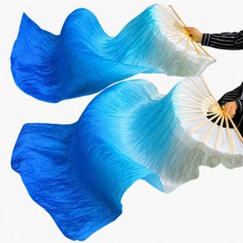 1 Pair Chinese Dance Fans for Dancing 180cm Long 13 Ribs Bamboo, Imitation Silk Folding Fan Pair White Lake Royal Blue Gradient for Praise Worship Stage Performance Belly Dance Props