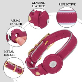 OOPSDOGGY Reflective Geniune Leather Airtag Dog Collar Soft Padded Collars for Small Medium Large Breed Dogs Puppy, 4 Sizes, 7 Colors (Pink, Small, 9"-12")