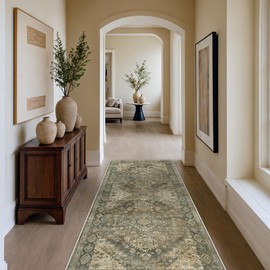 Washable Runner Rugs 2X5 for Hallway, Thin Indoor Chenille Low Pile Rug Non Slip, Vintage Boho Lightweight Carpet for Laundry Room Dining Room Kitchen Entryway Floor, Green Khaki