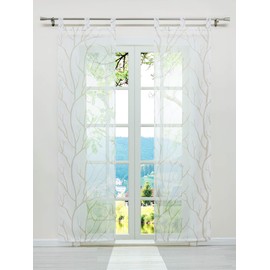 ESLIR Sliding Curtains Set of 2 Panel Curtains with Loops Transparent Tab-Top Curtain with Branches Pattern Voile White Sand W x H 57 x 145 cm 2 Pieces