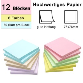(12 Pads) Sticky Notes 76 x 76 mm Post, Sticky Notes Pastel Post Stickies Colourful, Sticky Notes for Labelling, Super Sticking Power Memo Pads Sticky Notes for School, Home, Office, 60 Sheets/Books