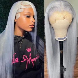 Long 32 Inch Silver Grey Lace Front Wigs Human Hair 13x4 Straight Grey HD Lace Front Wig Human Hair Wear and Go Glueless Gray Wigs Pre Plucked with Baby Hair Grey Lace Frontal Wigs For Black Women