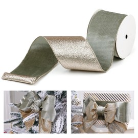 LIZLOVESS Sage Green Velvet Wired Ribbon with Glitter Back 4 Inch Green and Gold Christmas Ribbon Wired Ribbon for Christmas Tree, Gift Wrapping, Crafts, Wreaths Supplies, Topper Bows (10 Yards)