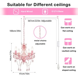 Plug in Chandeliers, 4-Light Pink Small Acrylic Crystal Hanging Ceiling Lamp with 20ft Cord, No Hardwire, Pink Chandeliers for Girls' Bedroom, Princess Nursery, Kitchen, Corners or Bathroom