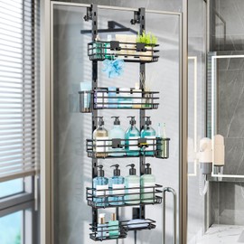 Consumest Over The Door Shower Caddy - 5 Tier Adjustable Shower Organizer Hanging with 2 Toothbrush Holders & 4 Hooks, Rustproof Organizer Shelf, Storage Rack for Bathroom, Black