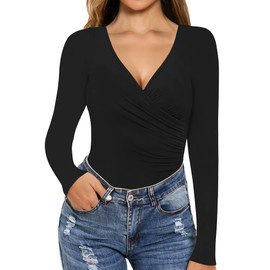 MANGOPOP Women's Cross Wrap Ruched Plunge Deep V Neck Long Sleeve Bodysuits