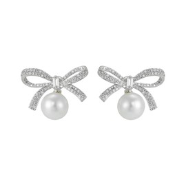 Bow Pearl Stud Earrings for Women Gilrs 925 Sterling Silver Post Pin Crystal Rhinestones Dangle Earrings Fashion Bowknot Statement Hypoallergenic Piercing Earrings Luxury Valentine's Jewelry (Silver)