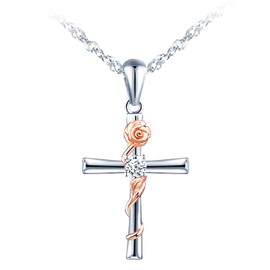 MICSAVI Women's 925 Silver Cross with Rose Flower Set/Pendant Necklace/Earrings, Silver Rose Chain/Stud Earrings with AAA Cubic Zirconia Jewellery Set for Women Girls, Stone Sterling Silver Rose Gold