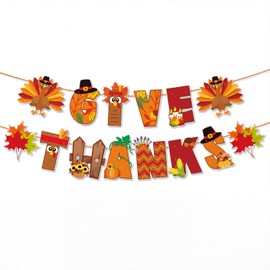 Large Thanksgiving Decorations GIVE Thanks Banner, Happy Fall and Reusable Thankful Banner with Colourful Turkey Pumpkin Maple Leaves, Friendsgiving Party Decorations for Indoor Outdoor