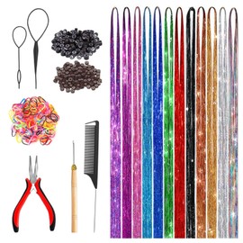 Vbxvsa 12 Colours Hair Strands Tinsel Wig Band Fringe with Tool Colourful Tinsel Braiding Strands Hair Rope Extensions Glitter Wire Hair Extensions Hair Accessories Set