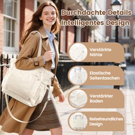 ferlord Women's Large Cord Bag with 11 Pockets, Tote Bag, Shopper Bag, Women's Adjustable Shoulder Strap, Beach Bag with SBS Zip, Changing Bag, Handbag, Shoulder Bag for University, Work, Travel