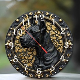 Lancholy 10-Inch Silent Wooden Wall Clock, Black Dog Clock Gold Ornate Frame ” Silent Non-Ticking Clock, Battery Operated (AA Batteries Not Included), Artistic Home Decor