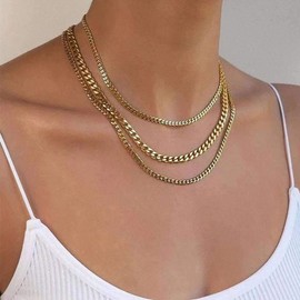 Aneneiceera Punk Layered Choker Necklace Gold Curb Chain Necklace Multi Layer Chain Collar Necklace Chunky Cuban Chain Necklace Jewelry for Women and Girls (3 Layer)