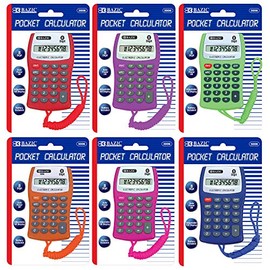 BAZIC Pocket Size Calculator 8-Digit w/Neck String, LCD Display, Small Standard Function Electronics Calculators, Assorted Color, 6-Pack