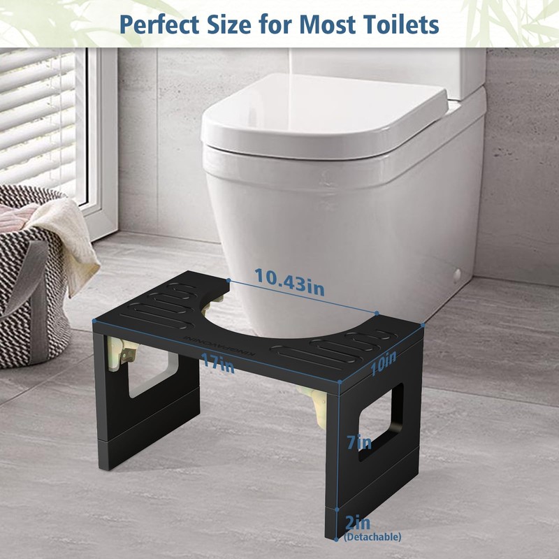 Bamboo Toilet Stool Squat 7in & 9in Adjustable Heights, Foldable