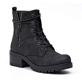Dune London Women's Kobe Heeled Combat Lace Up Boot with side zip, Wide Widths Available, Black, 8.5