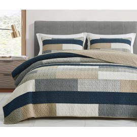 Chezmoi Collection Dylan 3-Piece Navy Blue White Gray Taupe Plaid Rectangular Patchwork Quilt Set - Pre-Washed Cotton Quilted Coverlet - Lightweight Bedspread for All Seasons, Queen Size