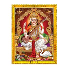 zig zag Goddess Saraswati Devi Maa Rectangular Photo Frame For Wall / Table / Pooja Room ( 7X9 Inches, Acrylic Glass) Golden